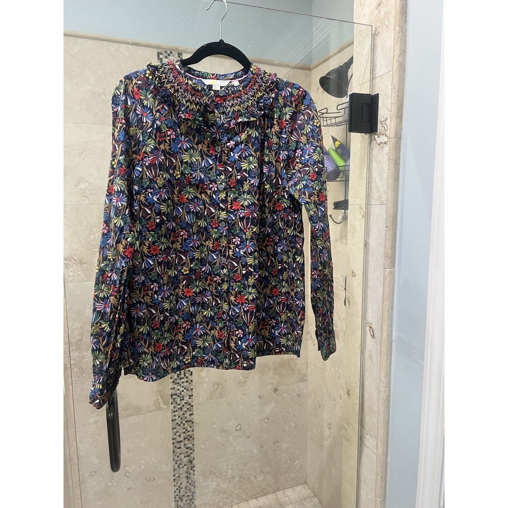 Boden Womens 8 Long Sleeve Smocked Floral Print Blouse Multicolor Jungle T0858